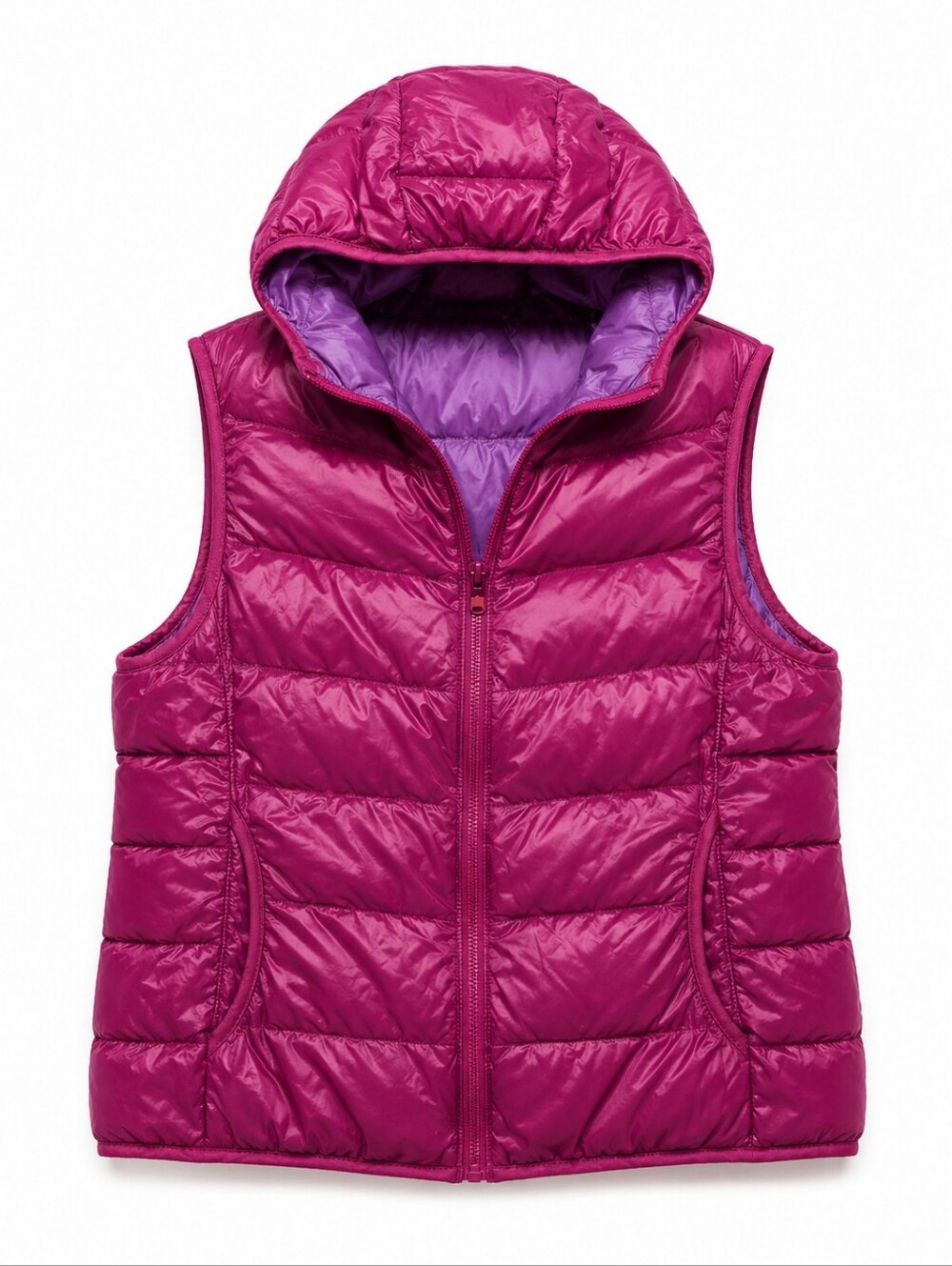 Uniqlo Down Feather Hooded Puffer Vest - Magenta with Purple Lining